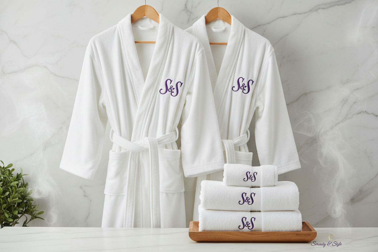 bath Robes and face towels with S&S logo in bold italics in deep lavender for His and Hers