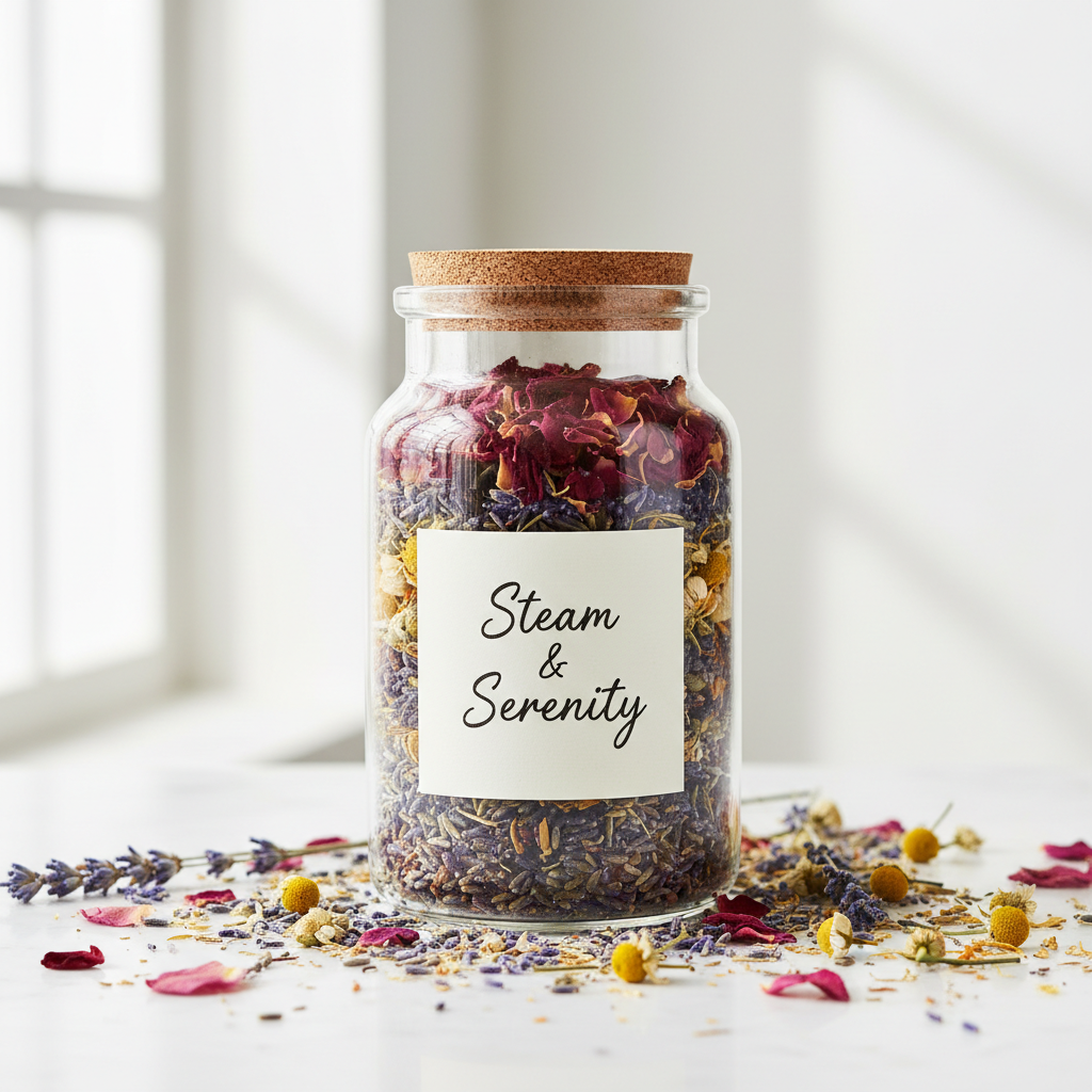 Herbal Steam Bath Blend in elegant glass jar with dried herbs and flowers